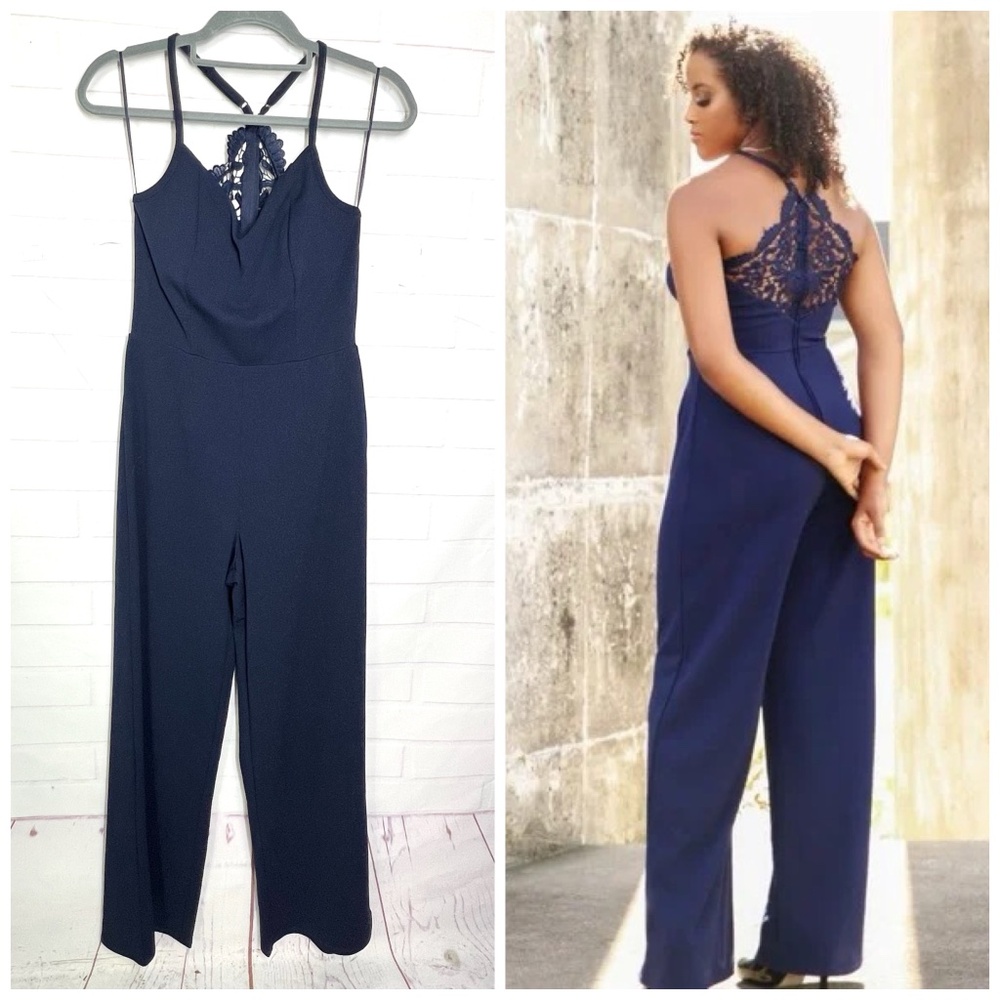 NWOT |•FRANCESCA’S•| Mi Ami Navy Blue Crochet Back Jumpsuit Size Small
